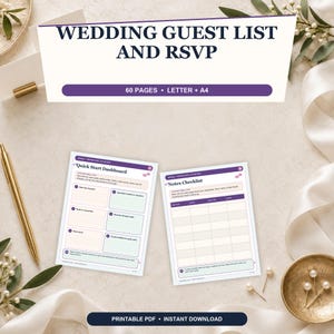 Wedding Guest List and RSVP Spreadsheet, 60 Page Printable PDF, US Letter and A4, Instant Download