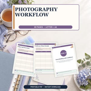May include: A photography workflow planner with 60 pages in Letter and A4 sizes. The document features sections titled Shot List Overview, Delivery Client Details, and Keep Building with Confidence. The design uses purple accents and white paper.
