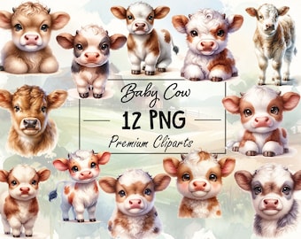Schattige babykoe digitale PNG-collectie - Set van 12 schattige kalfsafbeeldingen voor creatief gebruik