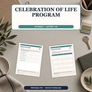Può includere: Un modello digitale per il programma Celebration of Life con 40 pagine in formato Letter e A4. Il documento include un piano di avvio rapido e una lista di controllo delle attività con intestazioni color ottanio e bianco, con caselle.