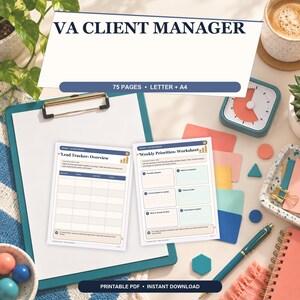 May include: A VA Client Manager printable PDF planner with 75 pages in Letter and A4 sizes. The document features a Lead Tracker Overview and a Weekly Priorities Worksheet with lined sections for organizing tasks, notes, and client information.