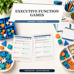 May include: A set of Executive Function Games printable PDF worksheets with 50 pages in Letter and A4 sizes. The pages feature sections for Working Memory and Impulse Pause overviews, surrounded by colorful wooden blocks, puzzle pieces, and pencils.