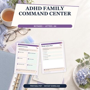 Può includere: Un set PDF stampabile ADHD Family Command Center con 80 pagine nei formati Letter e A4. Il documento include una pagina Meals Overview con sezioni per obiettivi e persone coinvolte, oltre a un Meals Action Plan con liste di controllo.