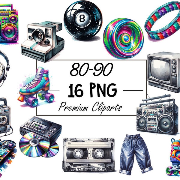 Retro 80s-90s Nostalgia Collection - 16 PNG Digital Files, Instant Download