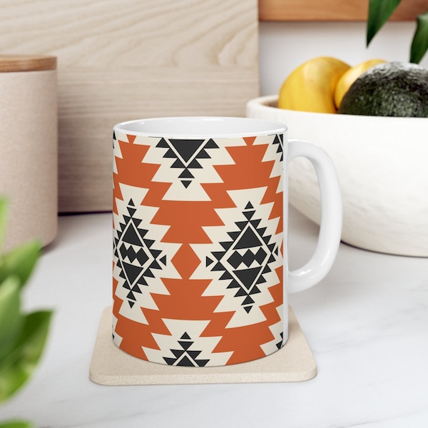 Western-themed ceramic mug 11oz., Aztec graphic coffee cup
