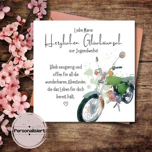 personalisierbare Karte zur Jugendweihe, Moped, Glückwunschkarte, Karte, Klappkarte, Karte 15x15, Karte quadratisch, Konfirmation