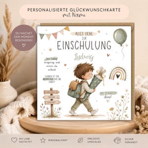 Könnte beinhalten: Eine quadratische Grußkarte zur Einschulung mit einem Kind, das einen Rucksack und eine Schultüte trägt, verziert mit Regenbogen, Luftballon, Wimpelkette sowie dem Text ALLES LIEBE ZUR EINSCHULUNG, Ludwig, und verschiedenen motivierenden Sprüchen.