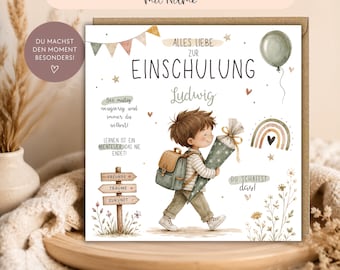 personalisierbare Karte zur Einschulung, Schulstart, Schuleinführung, erster Schultag, Klappkarte, quadratische Karte, Junge mit Schultüte