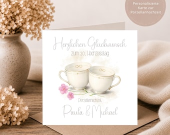 Personalisierbare Karte zum 20. Hochzeitstag – 15x15 cm | Goldtassen I mit Namen | Hochzeitstag I Porzellanhochzeit I Hochzeitsjubiläum