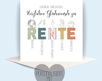 personalisierbare Karte zur Rente, Abschied, Rente, personalisiert, Glückwunschkarte, Klappkarte, quadratische Karte