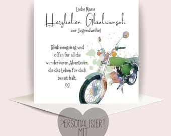 personalisierbare Karte zur Jugendweihe, Moped, Glückwunschkarte, Karte, Klappkarte, Karte 15x15, Karte quadratisch, Konfirmation