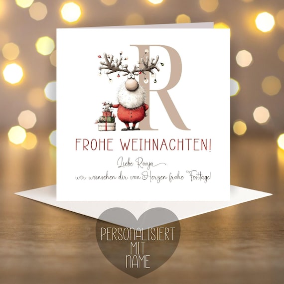 Personalisierte Weihnachtskarte mit Name I Rentier mit Lichterkette I 15x15 cm Klappkarte I