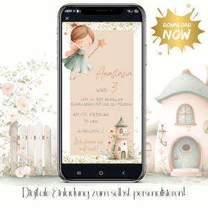 Könnte beinhalten: Eine digitale Einladung auf einem Smartphone-Bildschirm. Die Einladung zeigt eine Feenillustration, den Namen "Anastasia" und die Zahl "3". Der Text enthält Eventdetails und den Satz "Download Now" in einem goldenen Stern.
