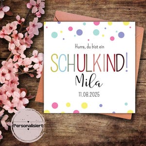 personalisierte Karte zur Schuleinführung, Hurra Schulkind, Schuleinführung, personalisiert, erster Schultag, Klappkarte, quadratische Karte