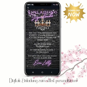 May include: A smartphone screen shows a digital invitation in German, featuring a black brick wall and a chandelier illustration. The design includes pink floral elements and a gold "Download Now" graphic.