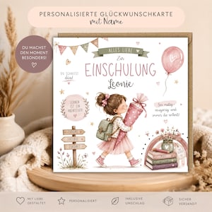 Könnte beinhalten: Eine quadratische Grußkarte mit einer Cartoon-Illustration eines Kindes mit Rucksack, das eine rosa Schultüte hält, umgeben von Texten wie "EINSCHULUNG" und "Leonie" sowie Zeichnungen eines Luftballons, Büchern und einem Wegweiser.