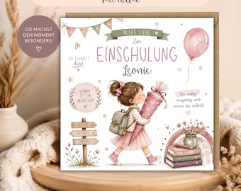 personalisierbare Karte zur Einschulung, Schulstart, Schuleinführung, erster Schultag, Klappkarte, quadratische Karte, rosa Schultüte