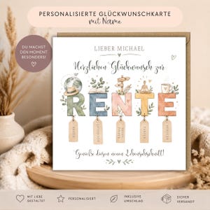 Könnte beinhalten: Eine quadratische Grußkarte mit dem Text 'LIEBER MICHAEL' und 'Herzlichen Glückwunsch zur RENTE', verziert mit Aquarell-Illustrationen von Globus, Buch, Wegweiser, Yoga-Figur und Kaffeetasse sowie hängenden Schildern mit deutschen Begriffen.