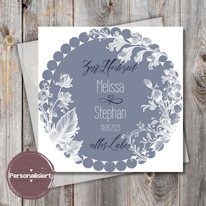 personalisierbare Karte zur Hochzeit, blau/grau Ornament, Glückwunschkarte, Karte, Klappkarte, 15x15, Karte quadratisch, Hochzeit, Trauung
