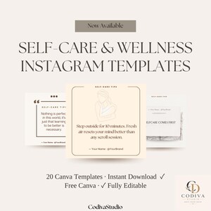 Peut inclure: Un ensemble de modèles Instagram pour le bien-être et les soins personnels avec des fonds beiges et blancs, des illustrations au trait et du texte. Les modèles incluent des citations et conseils, avec le texte "SELF-CARE & WELLNESS INSTAGRAM TEMPLATES" et "20 Canva Templates" visible.