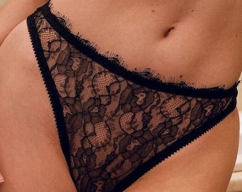 Luxury Black Sheer Lace Thong – High-Waisted Soft Floral Panties | Handmade Lingerie XS–3XL