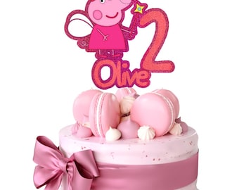 Cake Topper Princess Pepper Pig Personalised Name Number Glitter Card Birthday Decoration