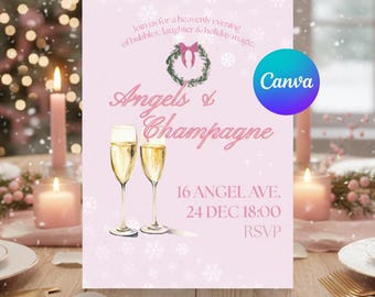 Inbjudan till julängelfest | Pastellfärgad, utskrivbar flickmiddag | Canva direkt digital nedladdning