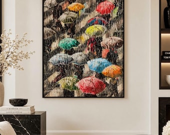 Rain art, umbrella art, acrylic painting, wall decor, abstract style