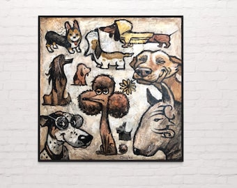 May include: A framed artwork featuring a collection of whimsical dog illustrations in various breeds and poses. The artwork uses a muted color palette with a textured background, showcasing a variety of dogs, including a corgi, dachshund, and poodle.