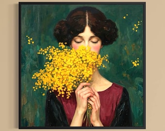 Oil Painting Woman with Mimosa Floral Portrait Wall Art Canvas