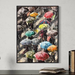 Rain art, umbrella art, acrylic painting, wall decor, abstract style