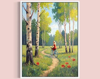 自転車に乗った少女の油絵：印象派アート（23.6インチ×31.4インチ