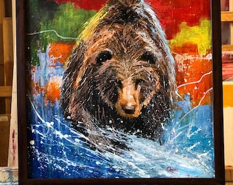Bear Painting in frame (in stock) Handmade on canvas