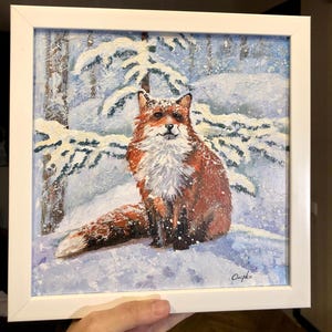 Fox Winter Forest Painting: Framed Acrylic Art on Canvas (9x9)