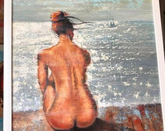 Girl and the Sea Painting: Handmade Acrylic Wall Art (16x16")