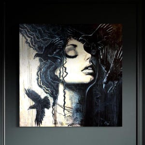 Original Art Woman and Raven (To order) . Black and White Painting Hand Painted on Canvas Black Raven Art Birds Wall Art