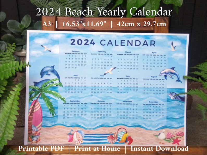 2024 Yearly Calendar, 2024 Beach Calendar, Printable Calendar, Instant