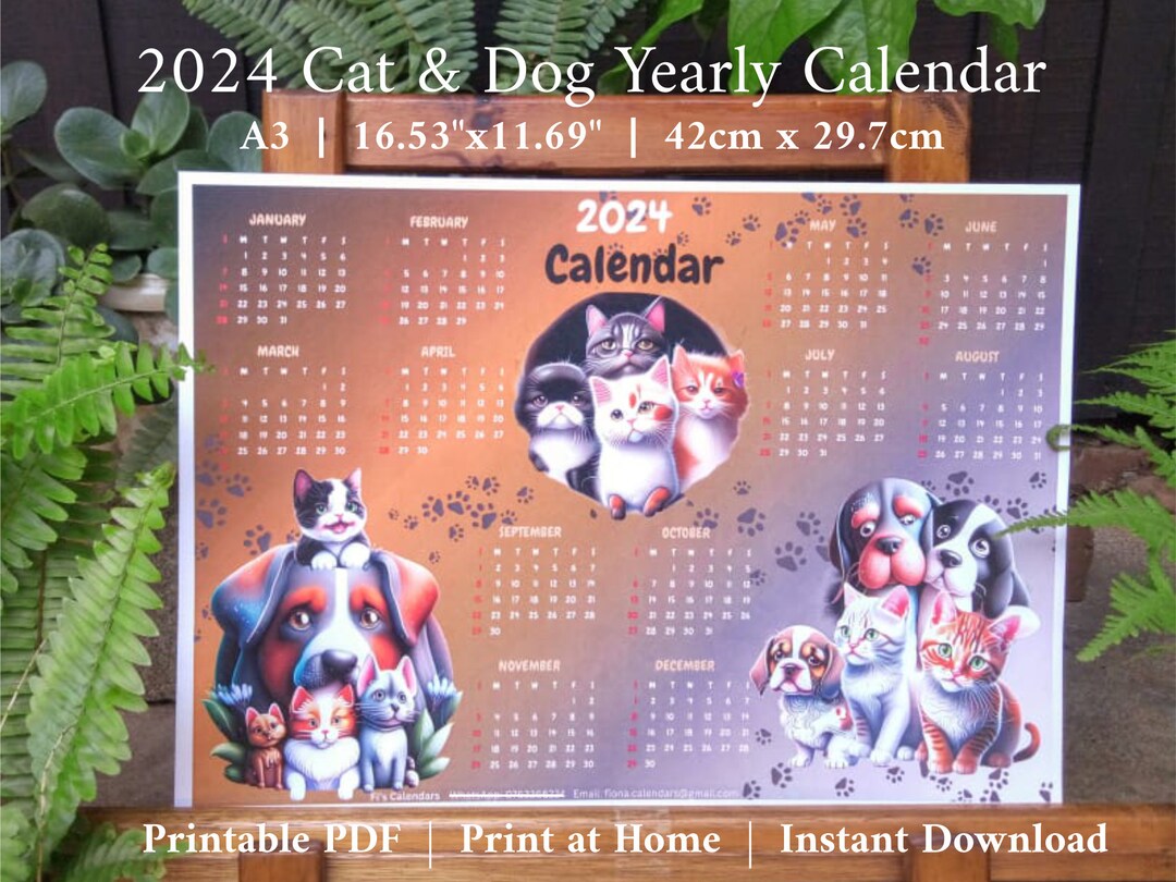 2024 Yearly Calendar, 2024 Cats & Dogs Calendar, Printable Calendar