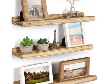 Set of 3 Picture Ledge Rustic Floating Wall Shelf, Wood Shelves for Storage and Display, Mounted Shelf for Kitchen, Bathroom or Living Room