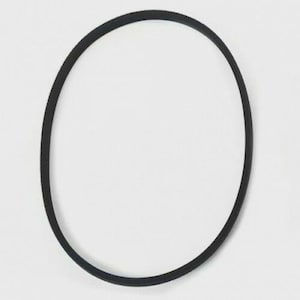 May include: A black, circular rubber belt, likely for a machine or appliance. The belt is a continuous loop, with a textured outer surface. The background is plain white, providing a stark contrast to the dark belt.