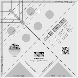 May include: A black and white quilting ruler with a cat's cradle design. The ruler has markings for different finished block sizes and cut sizes. The ruler is labeled "Cat's Cradle" and "Designed by Deb Heatherly".