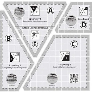 May include: A set of six quilting templates for making a Scrap Crazy 6 quilt block. The templates are labeled with letters A, B, C, D, and E. The templates are designed by Karen Montgomery and are part of the Creative Grids line of quilting tools.