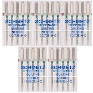 May include: Multiple packages of SCHMETZ quilting needles. Each package contains several silver needles with green accents. The packages are labeled with the brand name, needle type, and size: 130/705 H-Q.