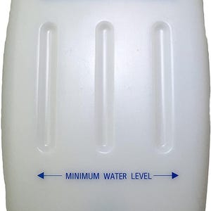 May include: A white plastic container with the blue text "SILVER STAR" and "MINIMUM WATER LEVEL". It has a metal handle and a black valve. The container has a rounded top and three vertical indentations.