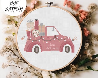 Love Delivery Car - Valentine's Day Cross Stitch Pattern, PDF Pattern, Valentine's Day Embroidery, DIY, Gift, Love Embroidery Decor