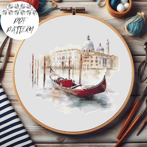 Venice Gondola Cross Stitch Pattern: Italy Travel Embroidery (PDF Pattern)