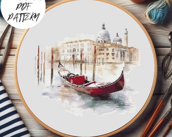 Venice Gondola Cross Stitch Pattern: Italy Travel Embroidery (PDF Pattern)