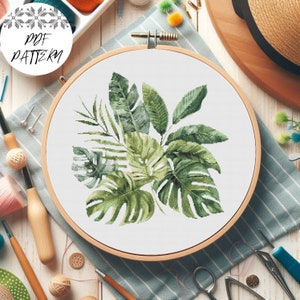 Tropical Leaves Bouquet Cross Stitch Pattern PDF – Botanical Embroidery Design, Jungle Greenery Digital Download, Modern Hoop Art Decor
