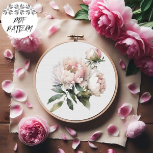Patrón de punto de cruz de ramo de peonías en PDF: diseño de bordado floral botánico, descarga digital, arte de aro de peonías para regalar o decorar el hogar.