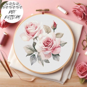 Bouquet di rose, schema punto croce, modello PDF, ricamo floreale, fai da te, regalo, decorazioni per ricamo, compatibile con Pattern Keeper